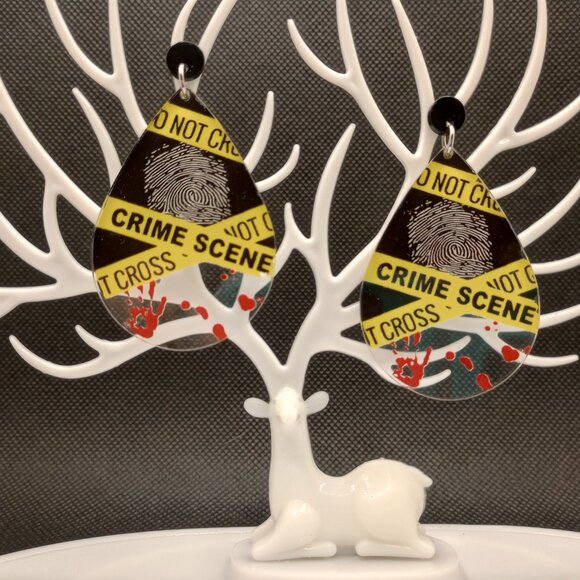 Crime Scene DO NOT CROSS Tape Earrings True Crime Serial Killer Murder - Picture 2 of 4